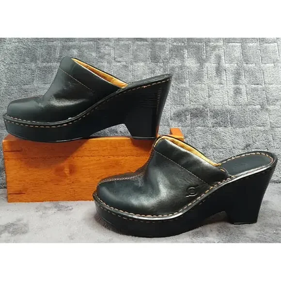 BORN Women's 6 Black Leather Slip-on Comfort Heeled Mule Clog Shoes - Picture 4 of 9